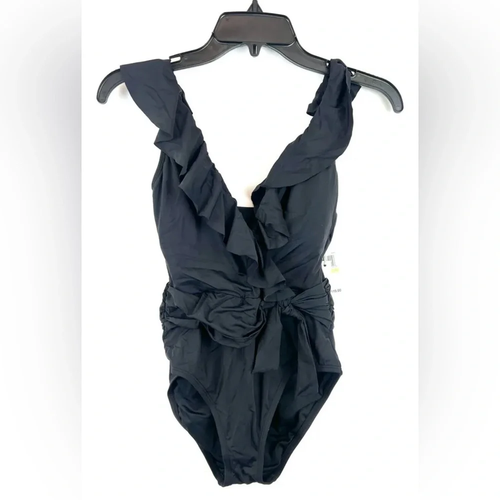Bleu Rod Beattie Women’s Black V Neck Ruffle One Piece Swimsuit Size 4